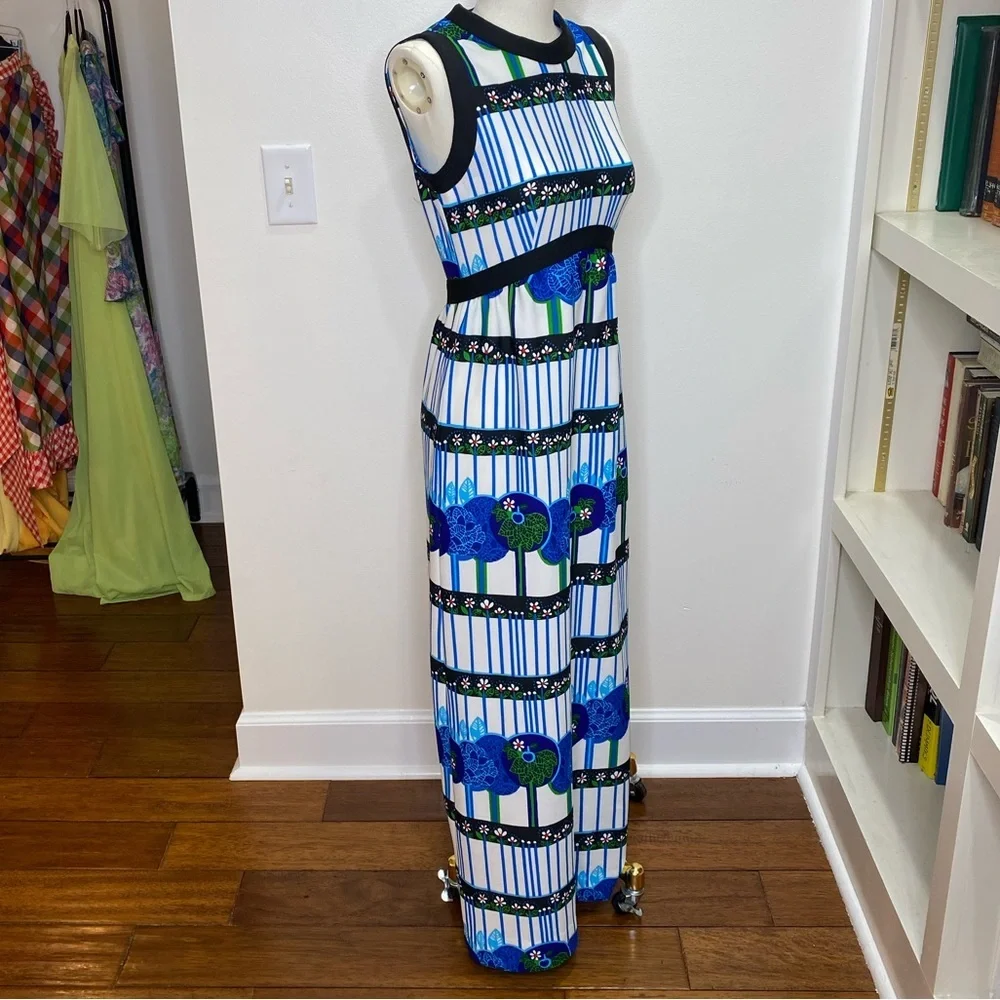 Vintage 70s Leslie Fay Novelty Whimsical Tree Forrest Print Hostess Maxi Dress - Picture 4 of 11